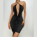 Hollow out solid cross front halter ruffle ruched mini dress