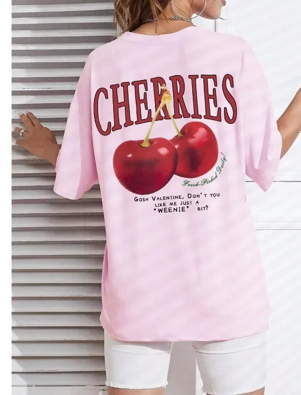 Cherry Print Loose Cotton Tshirt