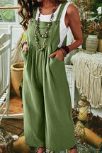 Solid Color Sleeveless Pocket Casual Wide Leg Side Button Jumpsuit