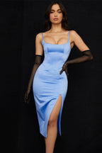 Halter Neck Slit Satin Evening Wrap Dress