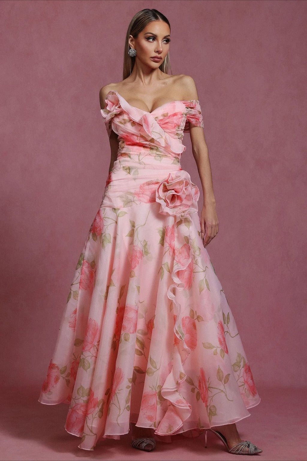 V Neck 3D Detail Elegant Maxi Floral Dress