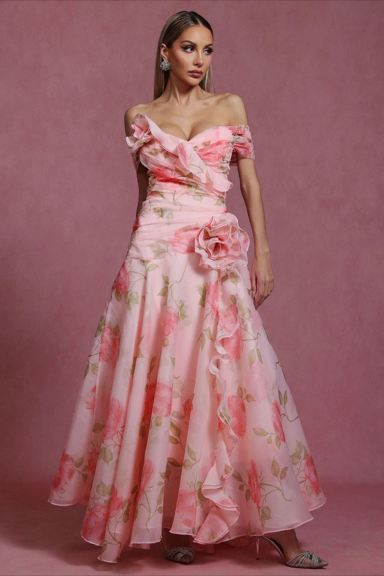 V Neck 3D Detail Elegant Maxi Floral Dress