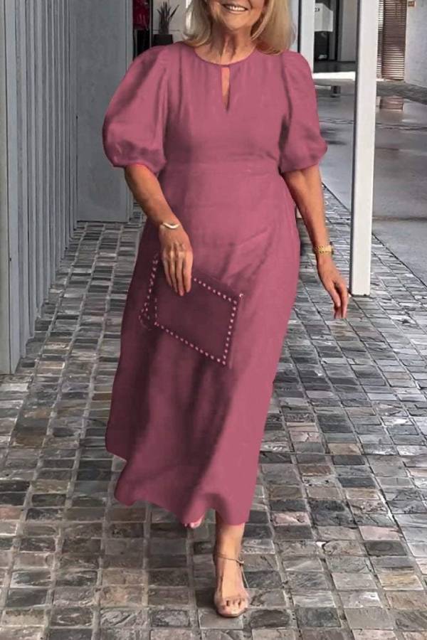Round Neck Keyhole Puff Sleeve Waisted Midi Dress