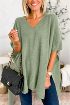 V Neck Loose Fit Solid Poncho Sweater