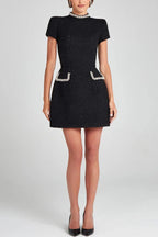 Leslie Timeless Exquisite and Playful Mini Dress Made of Tweed Fabric with Beaded Trim, Short Sleeves and Pockets Elevated Occasion Wear