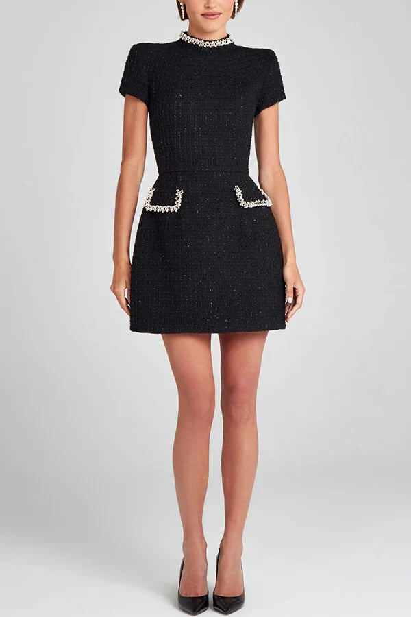 Leslie Timeless Exquisite and Playful Mini Dress Made of Tweed Fabric with Beaded Trim, Short Sleeves and Pockets Elevated Occasion Wear
