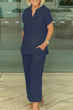 V-Neck Linen Casual Cropped Pants Set