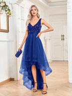 Chiffon Bridesmaid Dress Double V neck Dress Sleeveless A line Large Hem Sequin Stitching Evening Dress