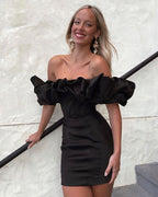 Zari Satin Ruffles Off Shoulder Mini Dress  - Black
