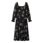 Simple Square Collar Long Sleeve Printing Dress