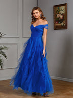 Solid Color off Shoulder Tube Top Mesh Long Elegant Slim Fit Cocktail Evening Dress