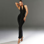 V neck Backless Lace up Slim Fit Pleated Dress