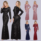 Multi - Color Long Sleeve round Neck Fishtail Banquet Evening Dress for