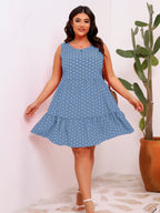 Round Neck Sleeveless Polka Dot Loose Fitting Large Hem Ruffled Dress