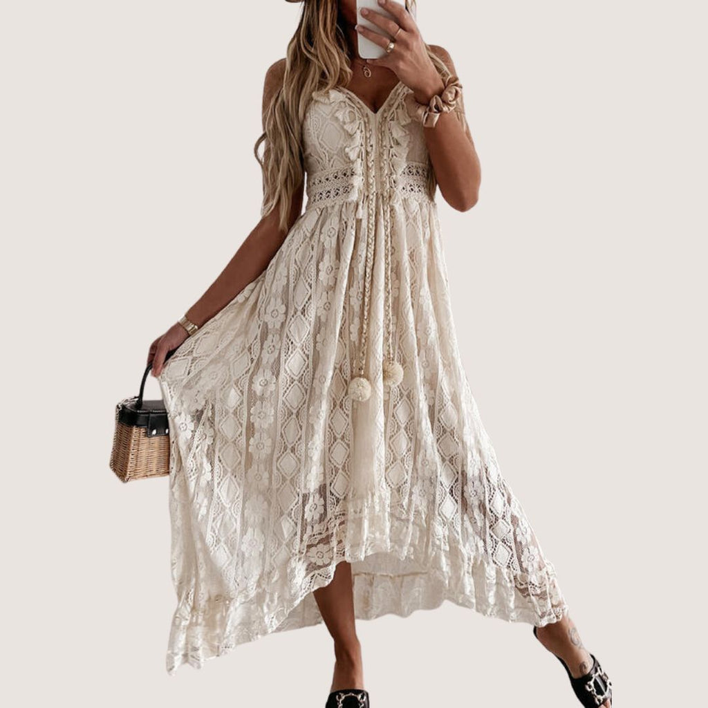 Flavia Exclusive Bohemian Lace Midi Dress with High Low Hem Premium Wardrobe Essential