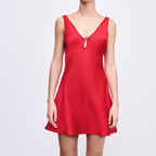 Heart Shaped Metal Decorative Silk Satin Short Dress Summer Sexy Backless V neck Slim Fit Mini Dress