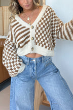 Fashionable Plaid Striped Casual V Long-sleeved Short Knitted Cardigan