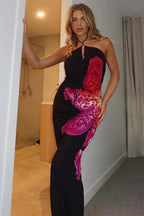 Sexy Halter V-neck Floral Print High Slit Bodycon Maxi Dress