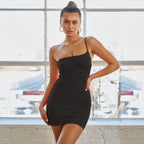 Single - Shoulder Suspender Pleated Dress