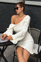 Woolen Backless Tie Detail Flared Sleeve Solid Sweater Dress