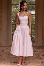 Plaid Printed Ruched Backless Spaghetti Strap Prom Dress