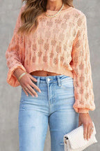Loose Commuter Casual Hollow Lantern Sleeve Pullover Round Neck Sweater