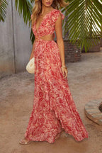 Soleil Printed Cutout Ruffle Maxi Dress
