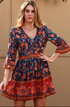 Deshon Printed Button Down Tassel Dress Orange