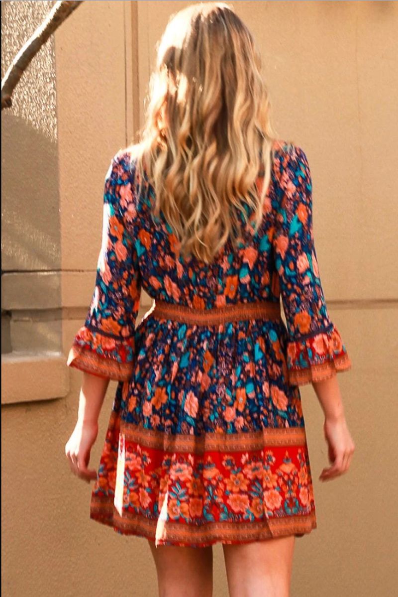 Deshon Printed Button Down Tassel Dress Orange