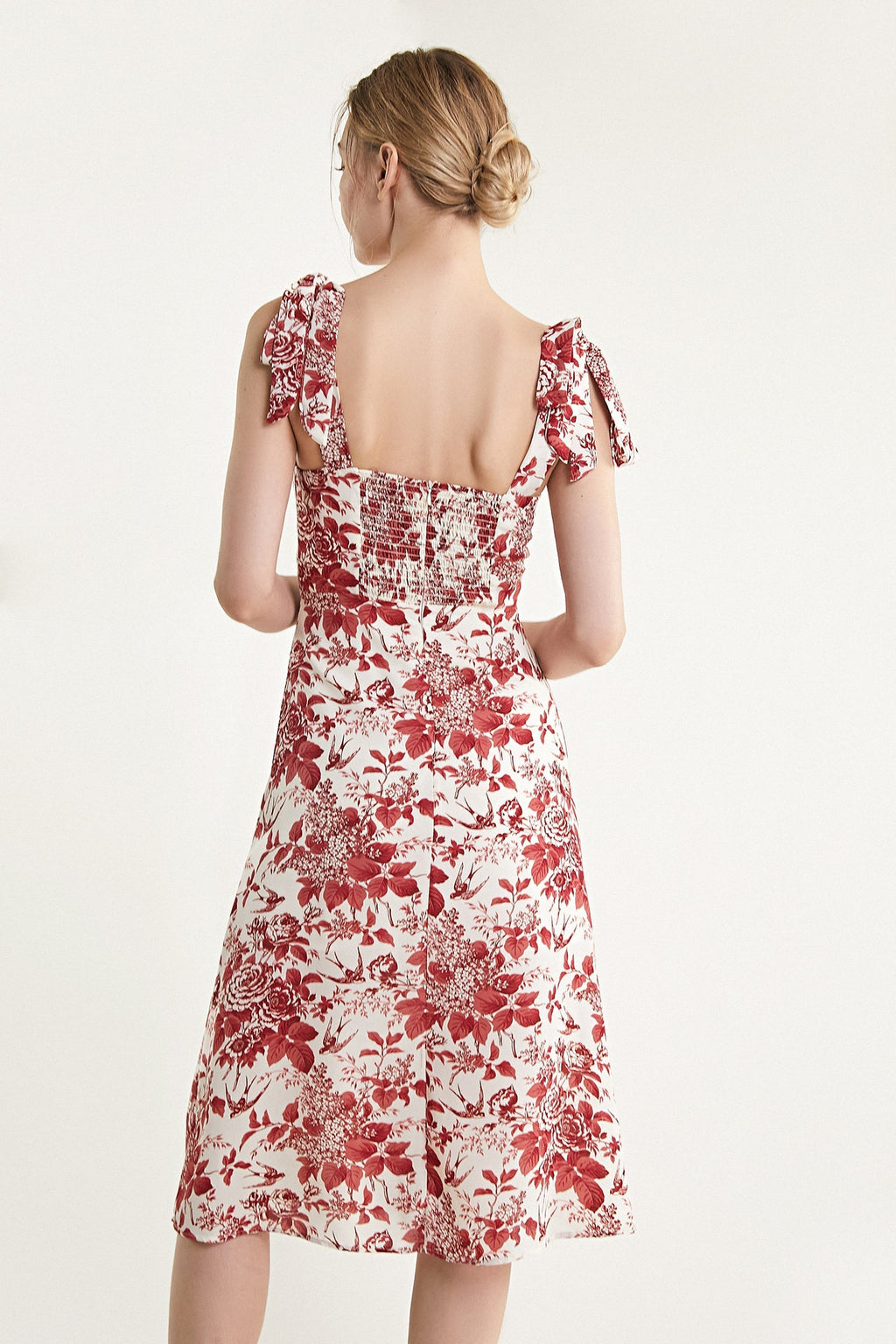 Beige Floral Print Tie Strap Slit Hem Midi Dress
