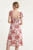 Dark Red Floral Print Tie Strap Slit Hem Midi Dress