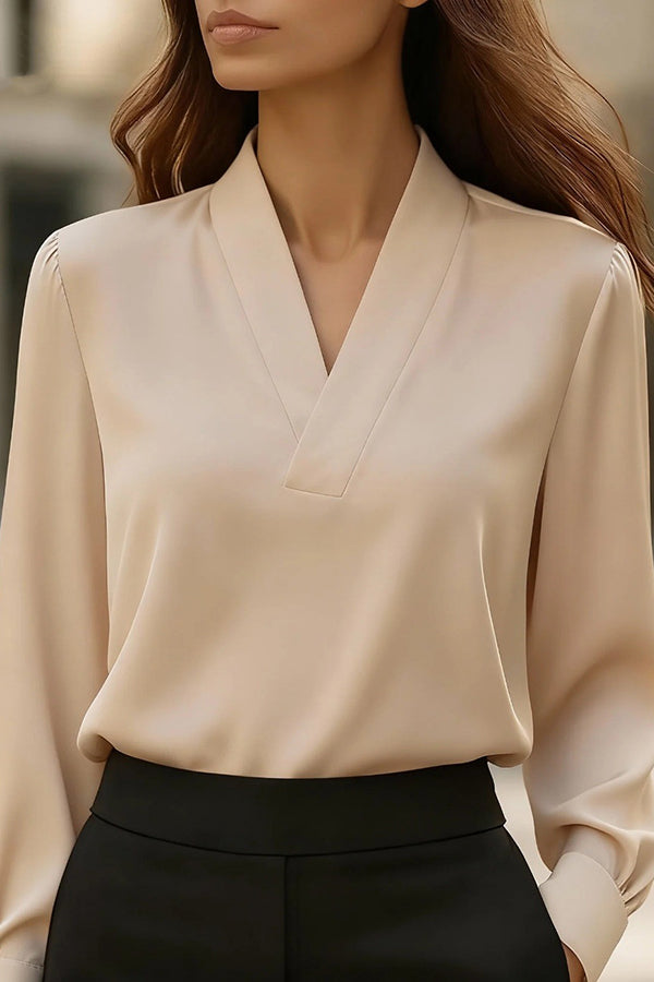 Solid Color V-neck Long-sleeved Casual Professional Shirt