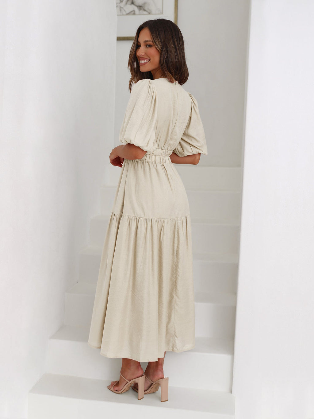 Nancy Chic V Neck Dress with Puff Sleeves Silhouette Collection