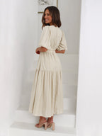 Claudia Exclusive Ruffle Midi Dress with V Neck and Puff Sleeves Premium Wardrobe Essential
