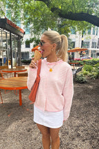 Attractively Cozy Soft Striped Knit Cardigan - Light Pink