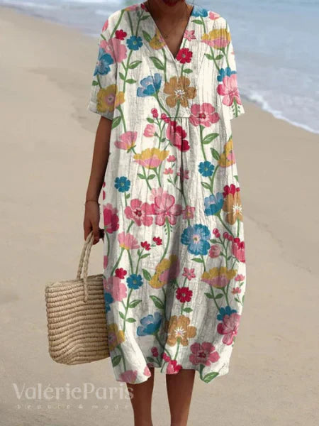 Ramona Statement Floral Print Cotton and Linen Dress Boutique Collection