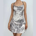 Tie dye cowl neck cross back backless ruched mini dress