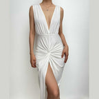 Sleeveless v neck solid slit knotted backless midi dress