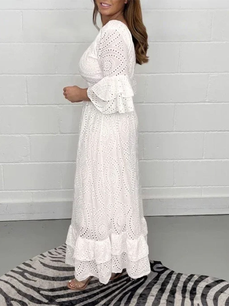 Embroidery Anglaise Frill Sleeve Midi Dress