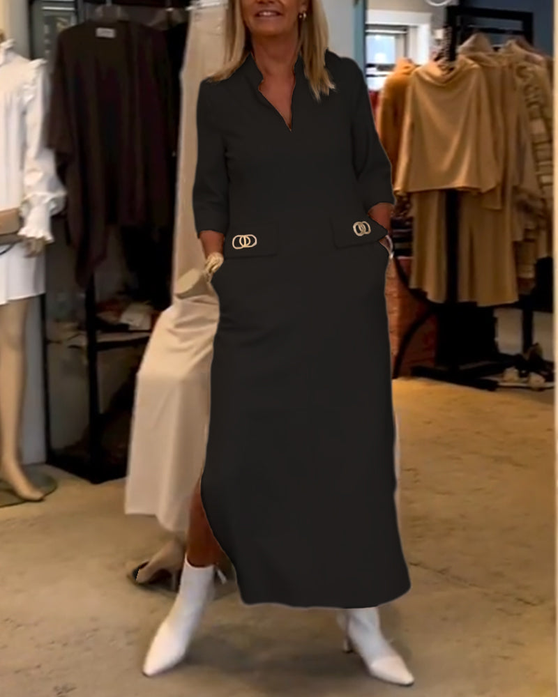 Scarlett Elevated Solid Color Slit Dress with 3/4 Sleeves Everyday Luxe Edit