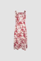 Beige Floral Print Tie Strap Slit Hem Midi Dress