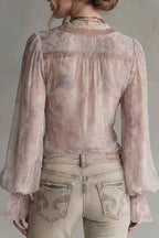 Vintage Paisley Print Chiffon Lace Trim V-Neck Flare Sleeve Blouse