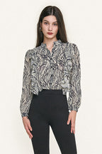 Black Zebra Print Ruffle Trim Button-Up Chiffon Work Shirt