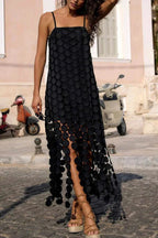 Juju Embroidered Cutout Polka Dots Square Neck Tassel Hem Slip Maxi Dress