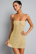 Rowtly Yellow Sheer Square-Neck Mini Dress