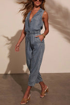 Stylish Collared Sleeveless Elastic Waist Tie Casual Pocket Denim Jumpsuit