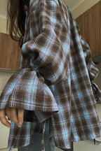 Plaid Tie Waist Long Sleeve Blouse