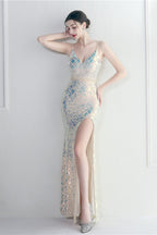 Iridescent Sequin Slit Bodycon Maxi Dress