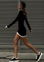 Color Block Long Sleeve Pleated Dress