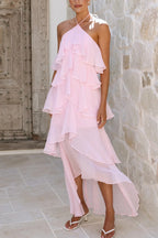 Solid Color Chiffon Halter Neck Elegant Ruffle Maxi Dress